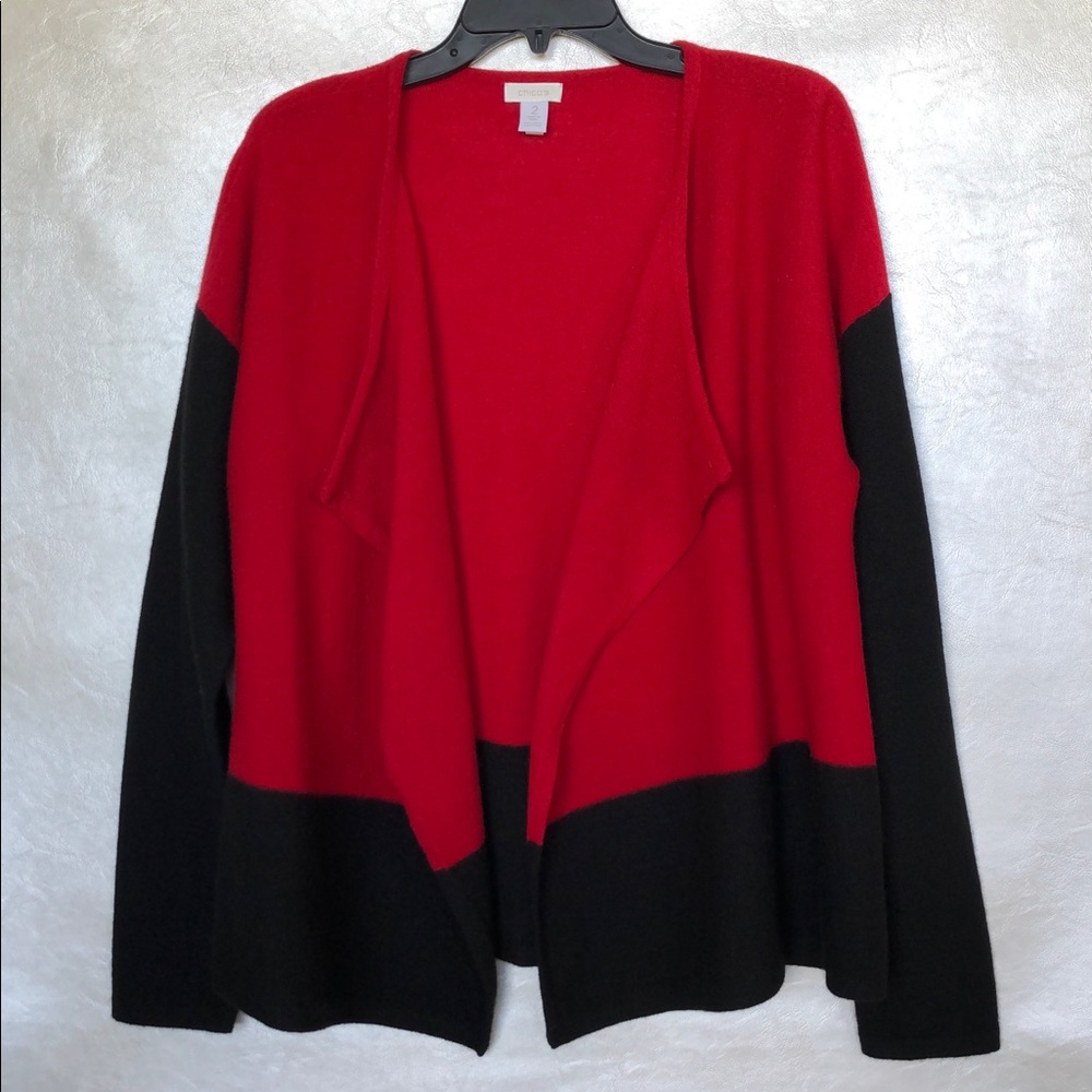 Chicos Waterfall Cardigan Sz 2( L) Wool Red Black Women Long Sleeve Color Block